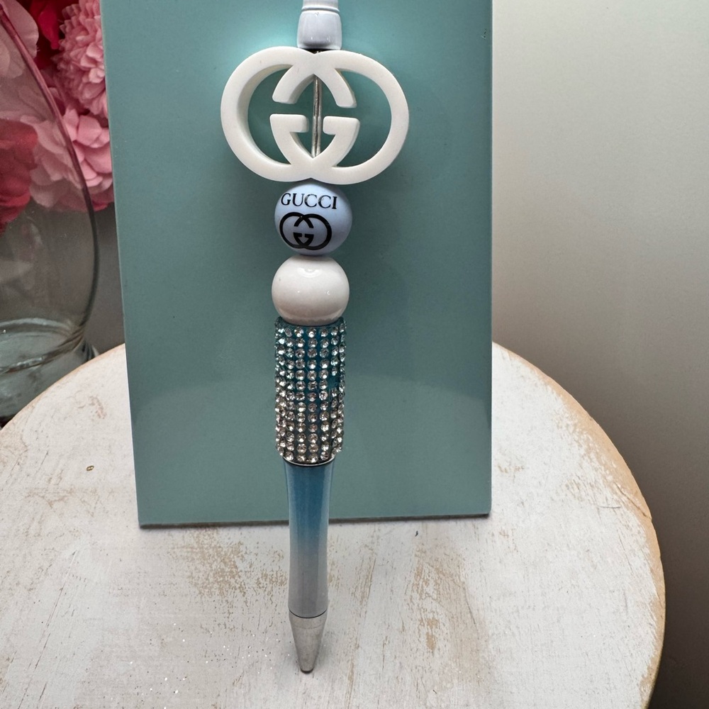 Handmade White and Blue Crystal Pen